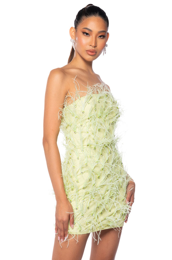 PRIMROSE STRAPLESS FEATHER MINI DRESS