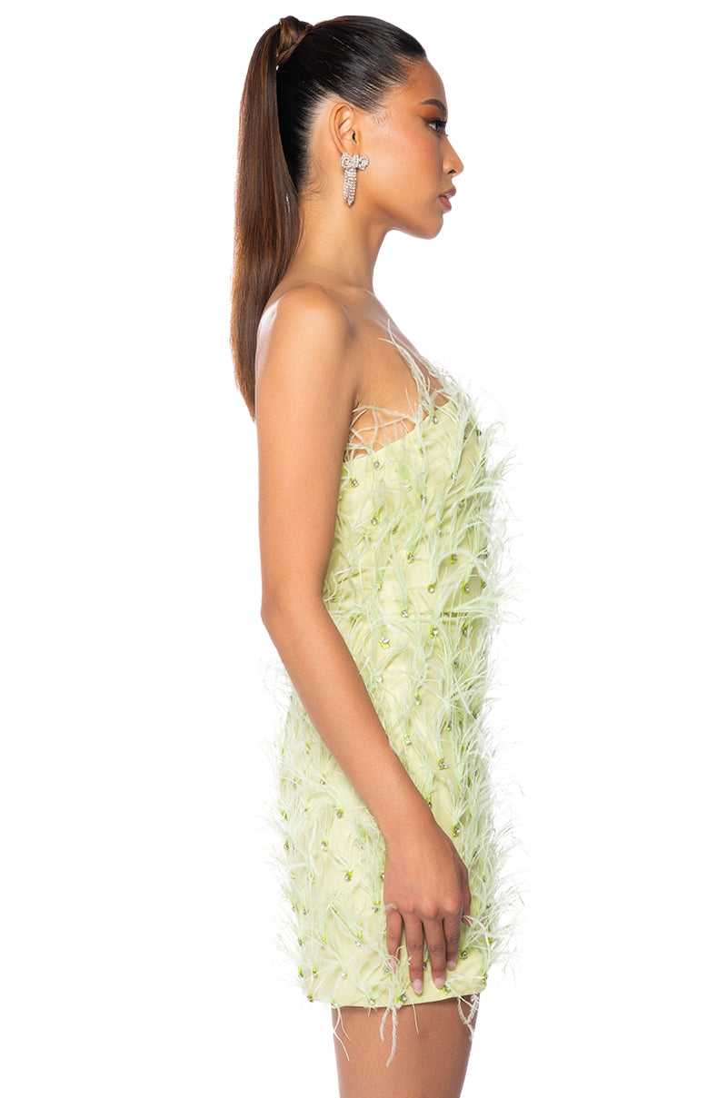 PRIMROSE STRAPLESS FEATHER MINI DRESS
