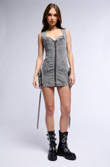 PRINCESS TREATMENT STRAPPY CARGO DENIM MINI DRESS IN BLACK