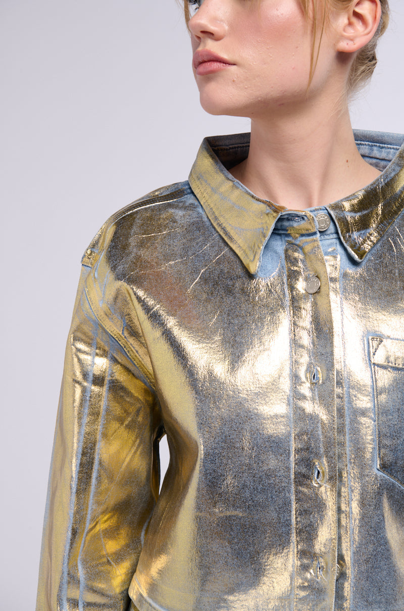 PROCEED WITH CAUTION METALLIC DENIM BUTTON DOWN