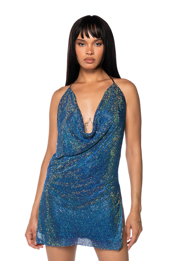 PROCEED WITH CAUTION RHINESTONE HALTER NECK DRESS