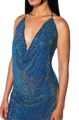PROCEED WITH CAUTION RHINESTONE HALTER NECK DRESS