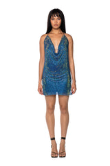 PROCEED WITH CAUTION RHINESTONE HALTER NECK DRESS