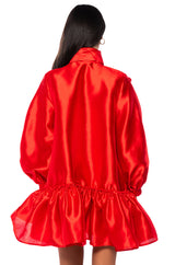 PUFF SLEEVE DROP WAIST MINI DRESS IN RED