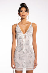 PULL ME CLOSER CROSS NECK RHINESTONE MINI DRESS