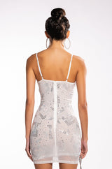 PULL ME CLOSER CROSS NECK RHINESTONE MINI DRESS