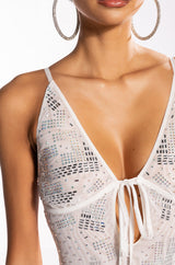 PULL ME CLOSER CROSS NECK RHINESTONE MINI DRESS