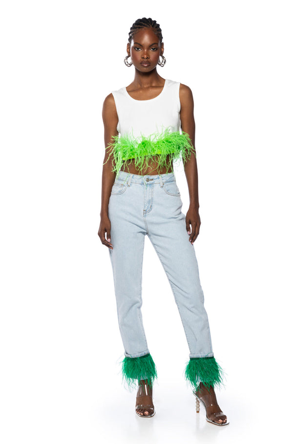 QUEEN OF EVERYTHING FEATHER DETAIL TANK TOP