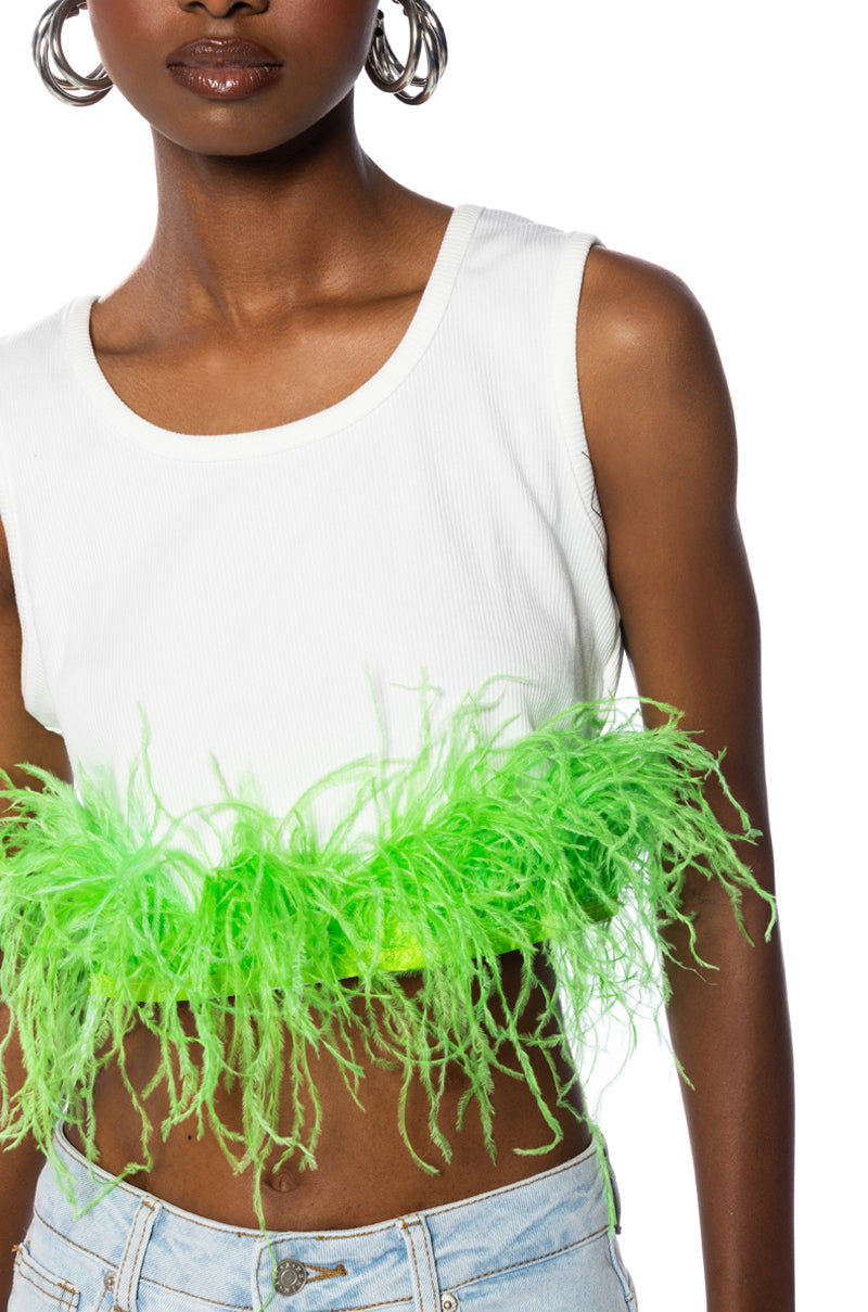 QUEEN OF EVERYTHING FEATHER DETAIL TANK TOP