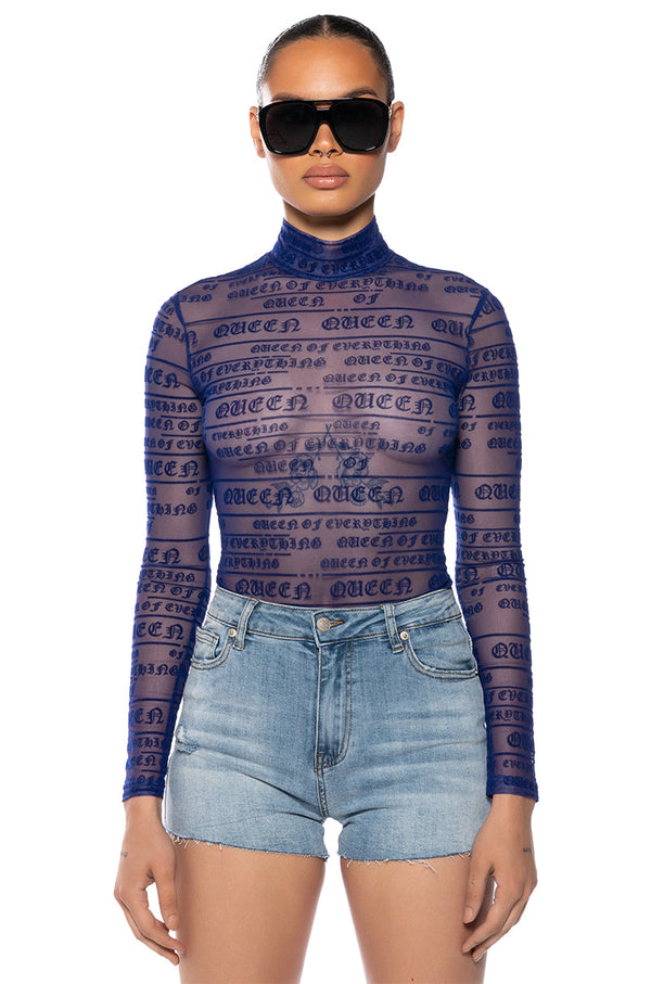 QUEEN OF EVERYTHING FLOCKED LONG SLEEVE MESH BODYSUIT