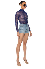 QUEEN OF EVERYTHING FLOCKED LONG SLEEVE MESH BODYSUIT