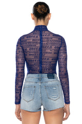 QUEEN OF EVERYTHING FLOCKED LONG SLEEVE MESH BODYSUIT