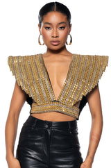 QUEEN OF EVERYTHING GOLD EMBELLISHED HIGH SHOULDER TOP
