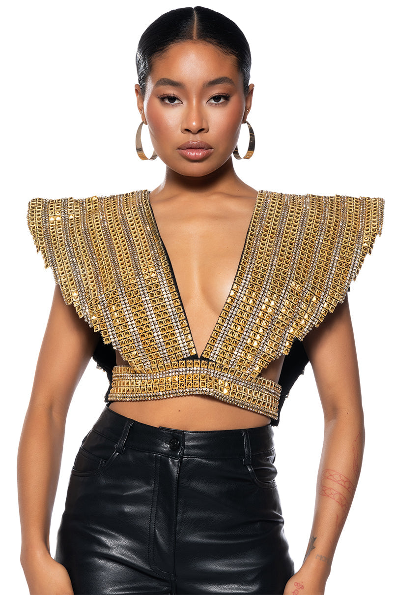 QUEEN OF EVERYTHING GOLD EMBELLISHED HIGH SHOULDER TOP