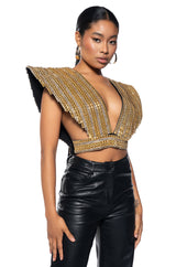 QUEEN OF EVERYTHING GOLD EMBELLISHED HIGH SHOULDER TOP