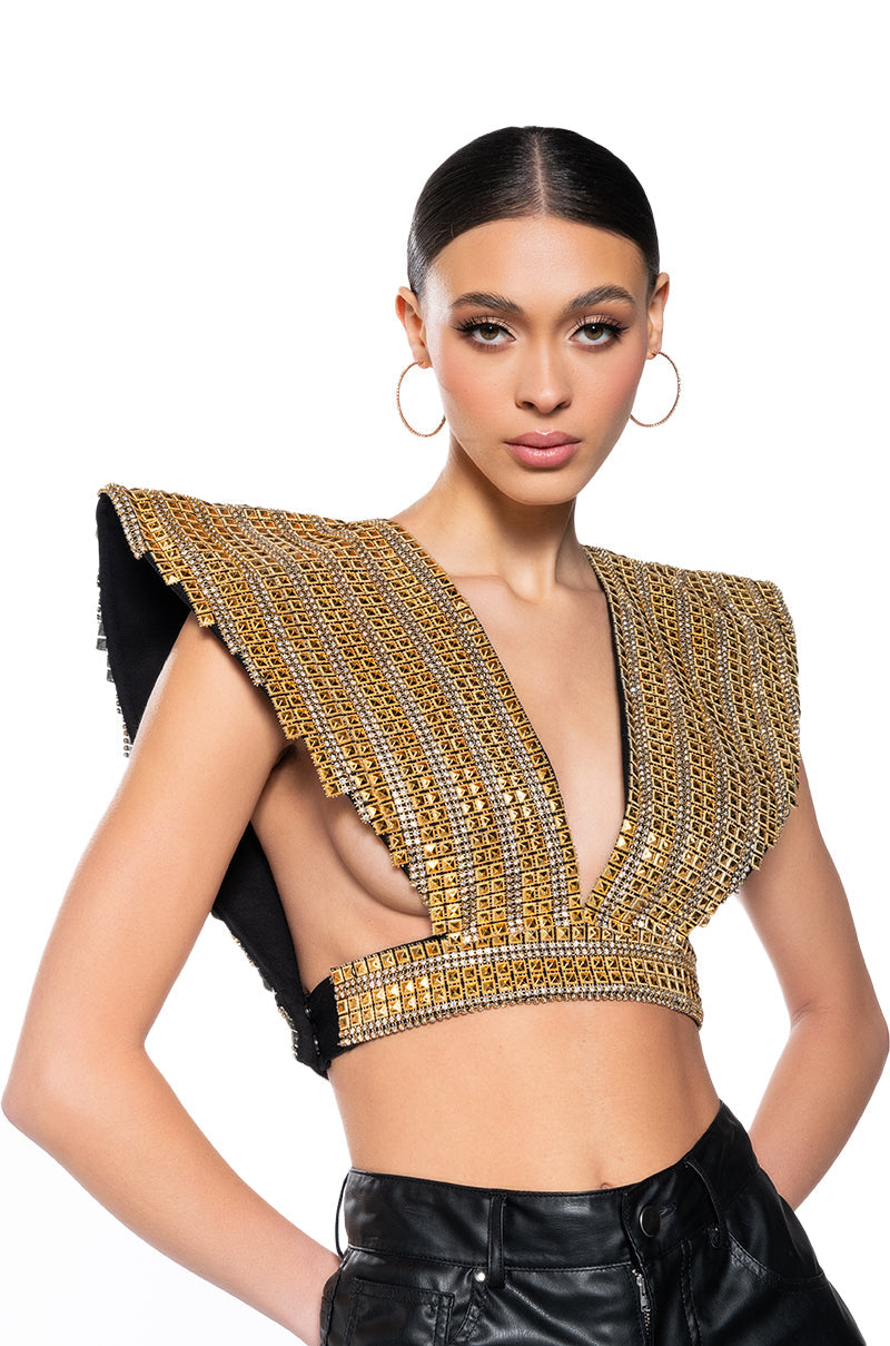 QUEEN OF EVERYTHING GOLD EMBELLISHED HIGH SHOULDER TOP