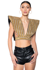 QUEEN OF EVERYTHING GOLD EMBELLISHED HIGH SHOULDER TOP