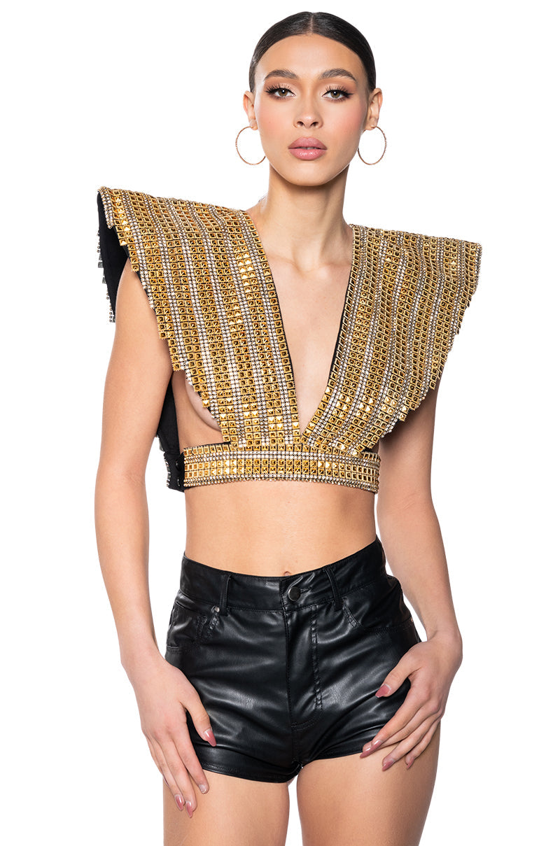 QUEEN OF EVERYTHING GOLD EMBELLISHED HIGH SHOULDER TOP