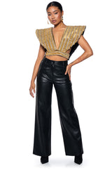 QUEEN OF EVERYTHING GOLD EMBELLISHED HIGH SHOULDER TOP