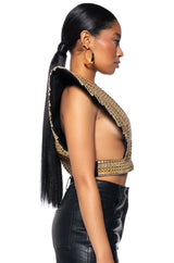 QUEEN OF EVERYTHING GOLD EMBELLISHED HIGH SHOULDER TOP