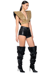 QUEEN OF EVERYTHING GOLD EMBELLISHED HIGH SHOULDER TOP