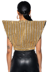 QUEEN OF EVERYTHING GOLD EMBELLISHED HIGH SHOULDER TOP
