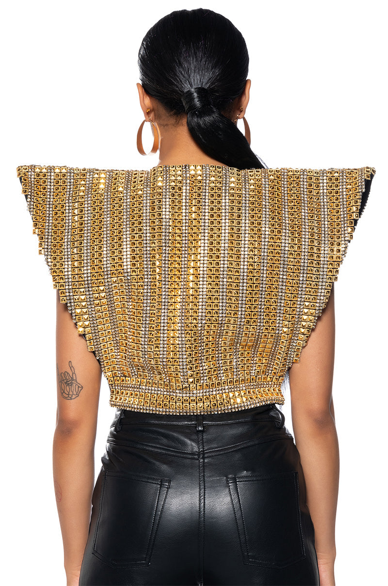 QUEEN OF EVERYTHING GOLD EMBELLISHED HIGH SHOULDER TOP