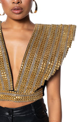 QUEEN OF EVERYTHING GOLD EMBELLISHED HIGH SHOULDER TOP