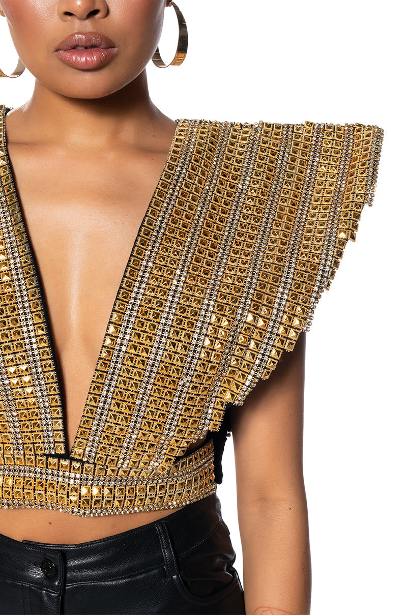 QUEEN OF EVERYTHING GOLD EMBELLISHED HIGH SHOULDER TOP