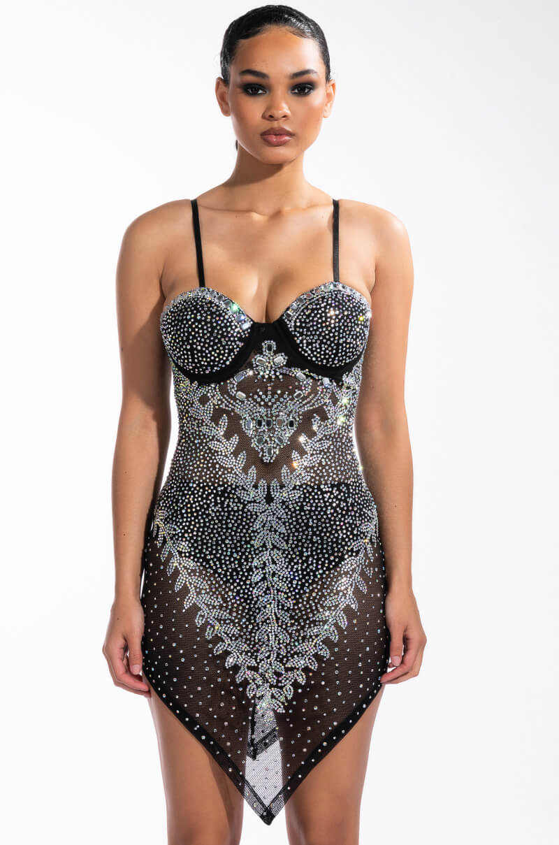 QUEEN OF THOTS RHINESTONE MESH MINI DRESS