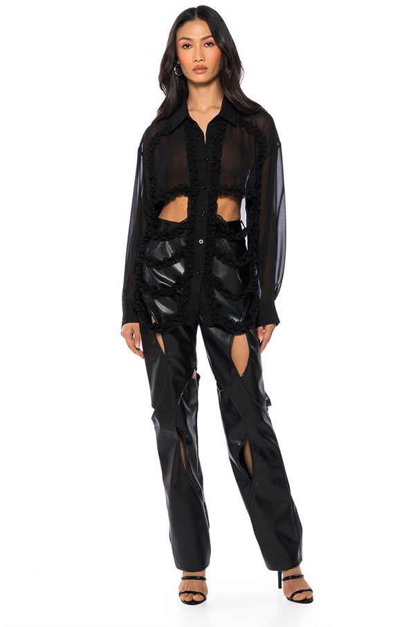 QUINN CUTOUT TEXTURED BUTTON DOWN BLOUSE