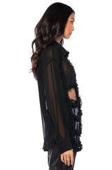 QUINN CUTOUT TEXTURED BUTTON DOWN BLOUSE
