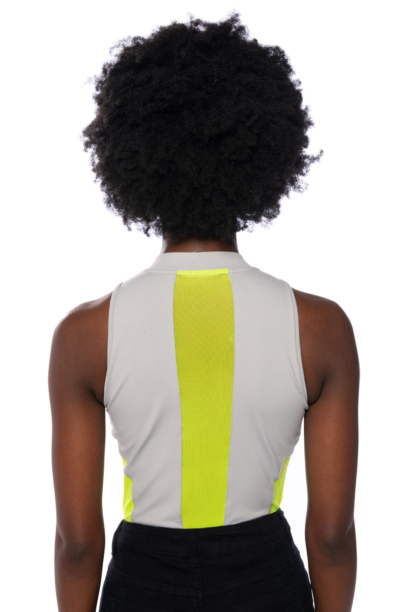 RACE MY MIND ZIPPER DETAIL SLEEVELESS BODYSUIT