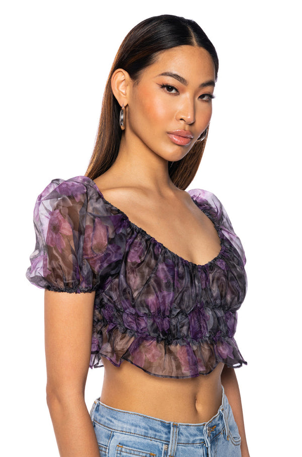 RAIN PRINTED ORGANZA RUCHED CROP BLOUSE