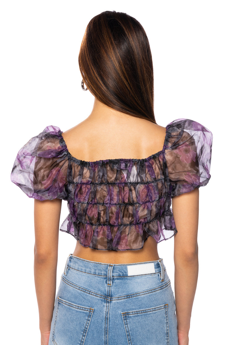 RAIN PRINTED ORGANZA RUCHED CROP BLOUSE