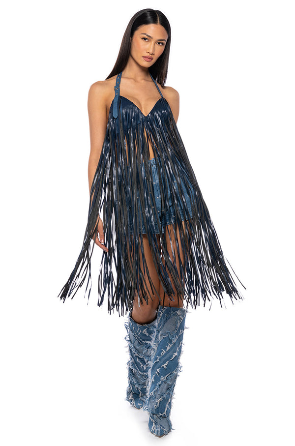 RAVE GIRL DENIM HALTER FRINGE BRA TOP