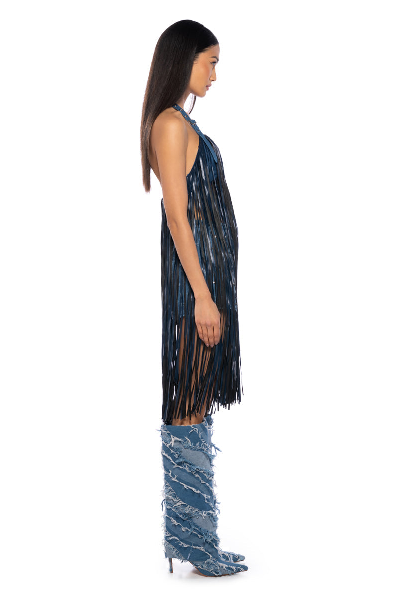 RAVE GIRL DENIM HALTER FRINGE BRA TOP
