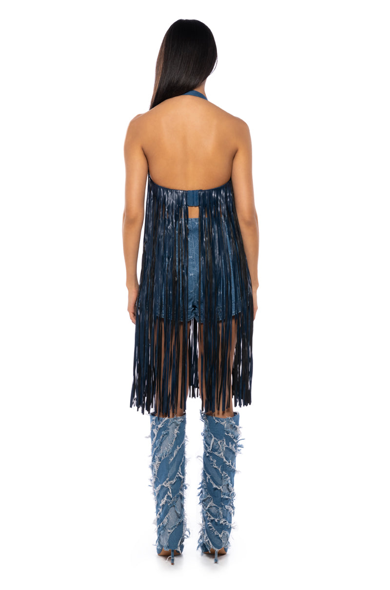 RAVE GIRL DENIM HALTER FRINGE BRA TOP
