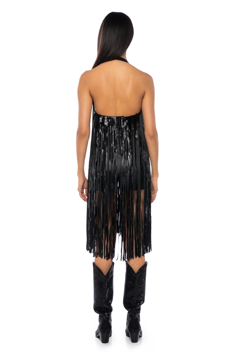 RAVE GIRL HALTER TASSEL BRA TOP IN BLACK