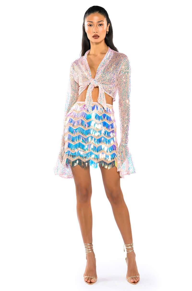 READY FOR LOVE LONG SLEEVE SEQUIN WRAP BLOUSE