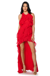 READY TO PARTY RUFFLED HIGH LOW MINI DRESS