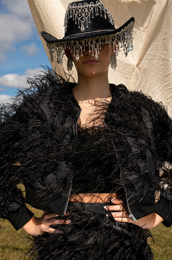 REAL OSTRICH FEATHERS CROP MESH BANDEAU