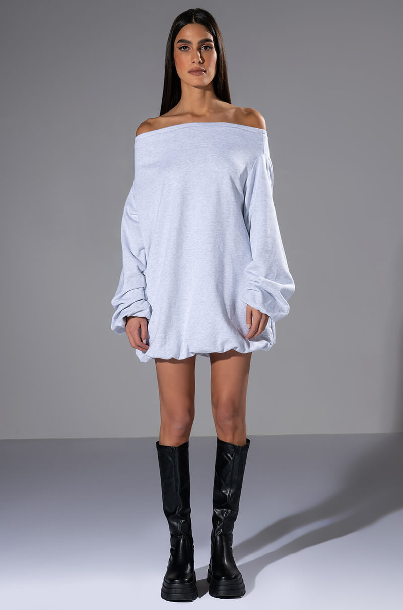 RELAXED CUTIE FRENCH TERRY OFF THE SHOULDER MINI DRESS