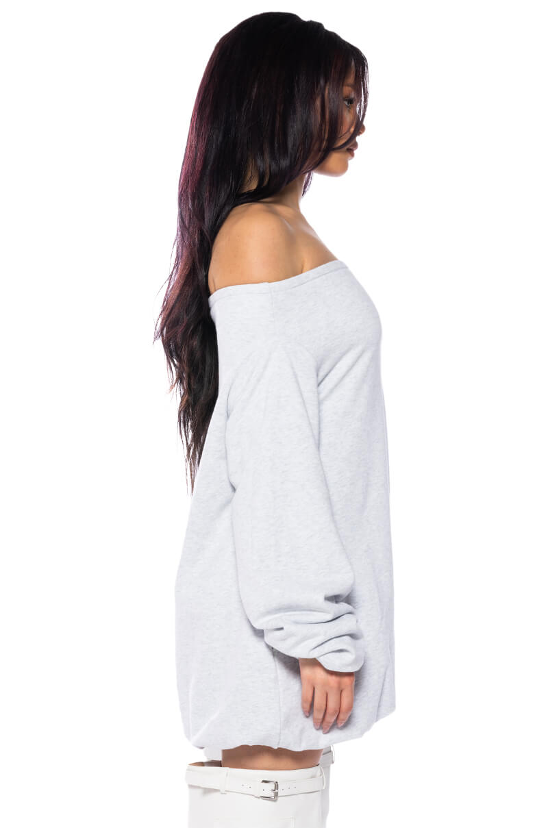 RELAXED CUTIE FRENCH TERRY OFF THE SHOULDER MINI DRESS