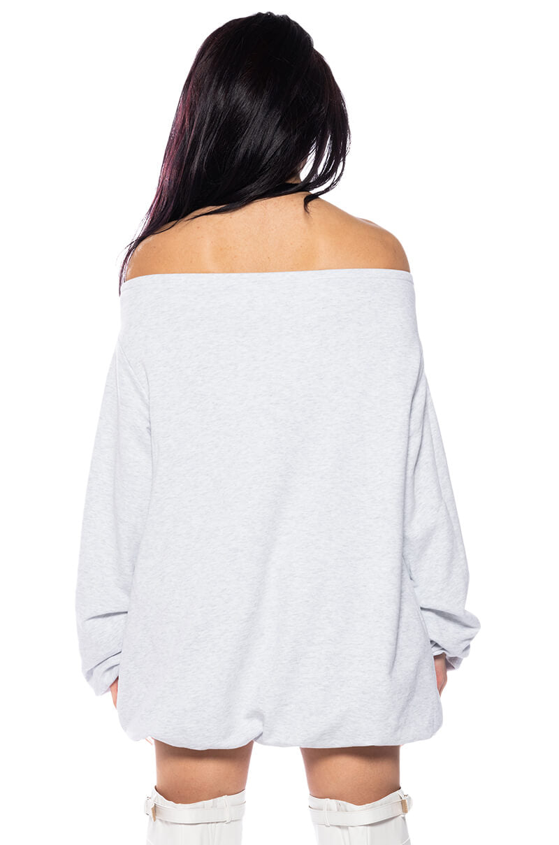 RELAXED CUTIE FRENCH TERRY OFF THE SHOULDER MINI DRESS