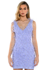 RENDEZVOUS SLEEVELESS FEATHER MINI DRESS