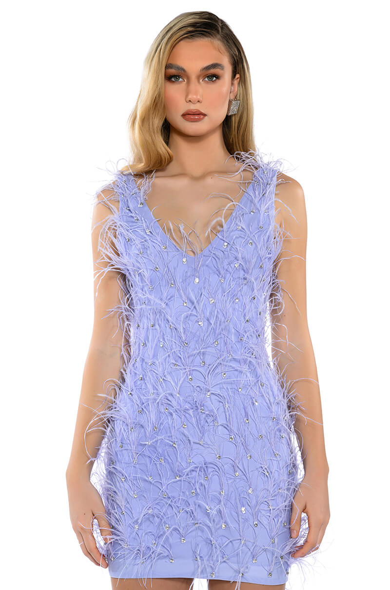 RENDEZVOUS SLEEVELESS FEATHER MINI DRESS