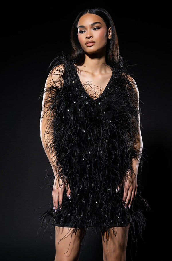 RENDEZVOUS SLEEVELESS FEATHER MINI DRESS