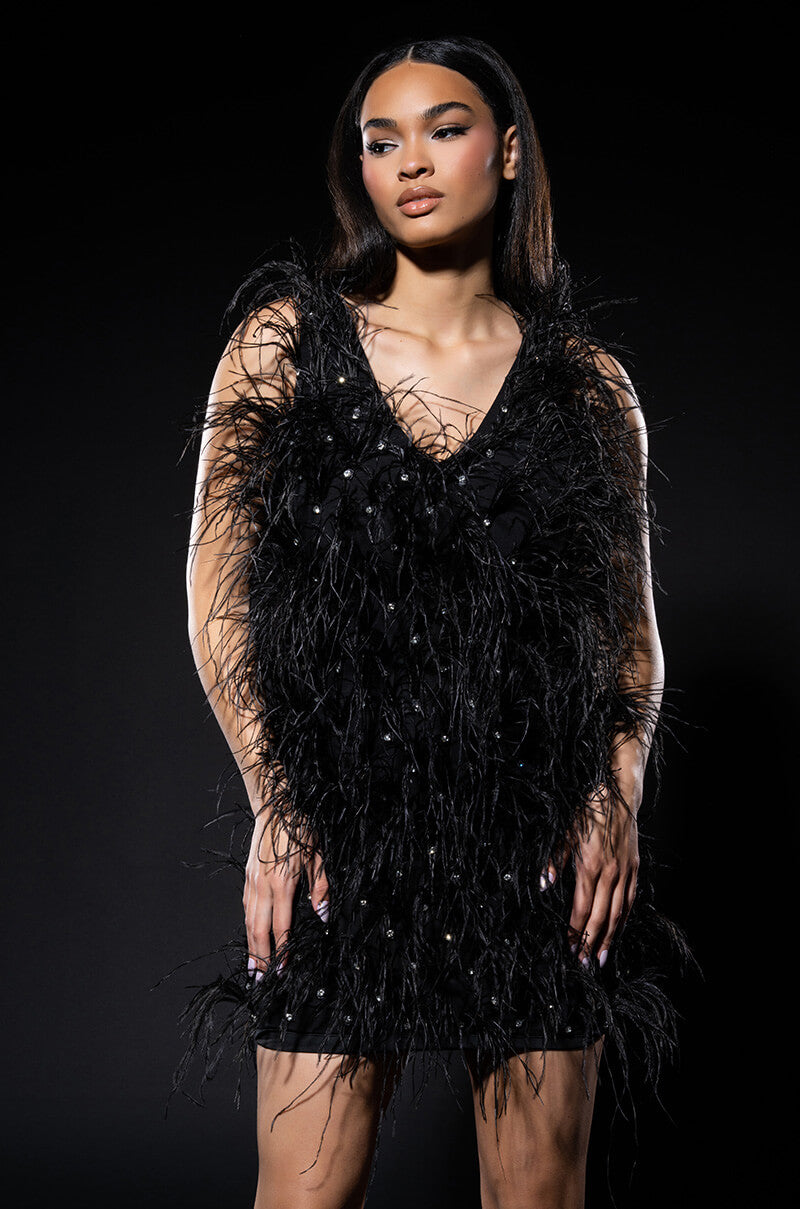 RENDEZVOUS SLEEVELESS FEATHER MINI DRESS