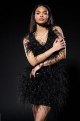 RENDEZVOUS SLEEVELESS FEATHER MINI DRESS